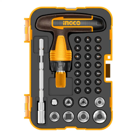 Ingco screwdriver set with various bits in a black and orange case on a white background
