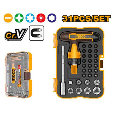 INGCO 31-piece screwdriver set with tools and case on a white background