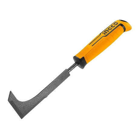 Gardening weed grass knife sickle with orange handle and black blade on a white background