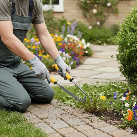 Person gardening with weed grass knife sickle in a flower garden