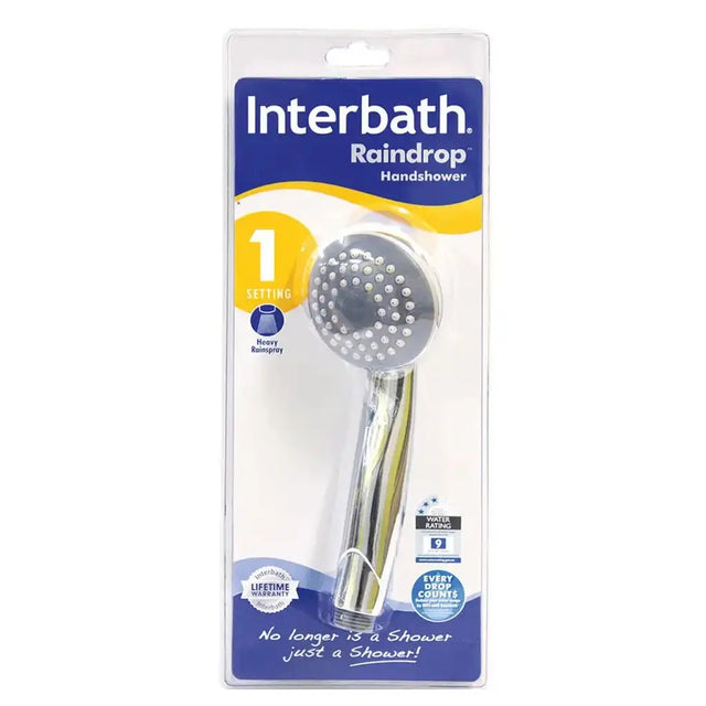 Interbath Raindrop handshower in packaging on a white background