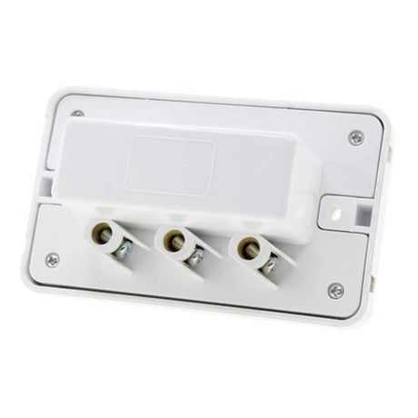 White electrical junction box with screws on a white background