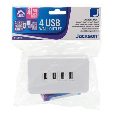 Jackson 4 USB wall outlet with packaging on a white background