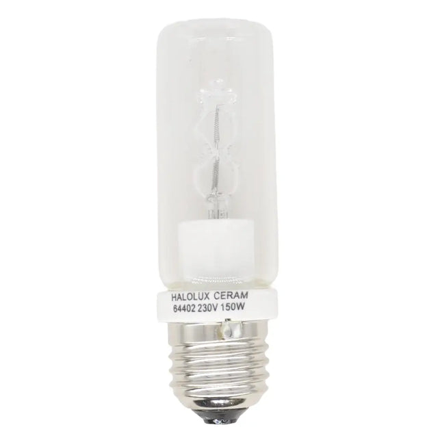 Clear halogen bulb with visible branding on a white background