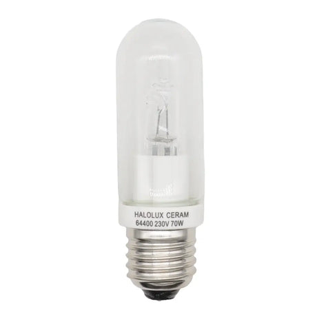 Clear light bulb with Halolux Ceram branding on a white background