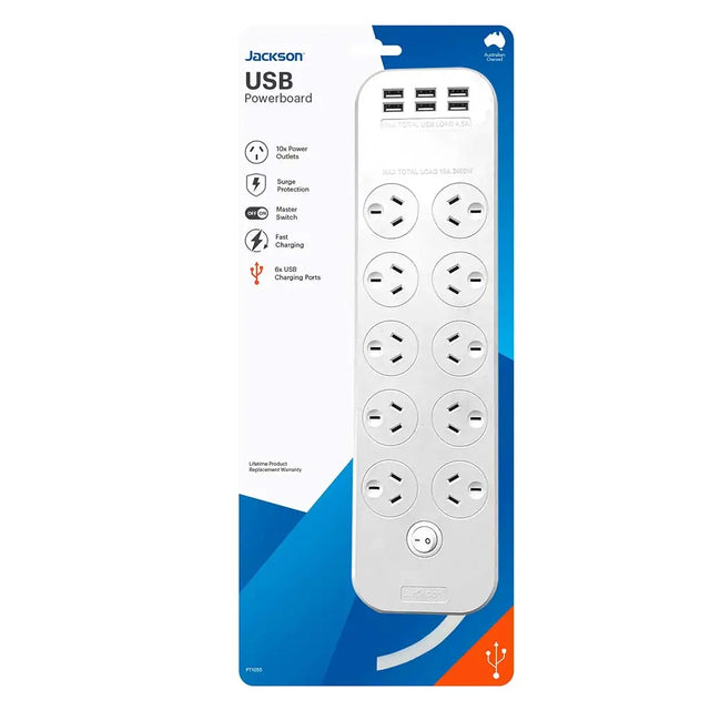 Jackson USB powerboard packaging with multiple sockets and USB ports on a white background