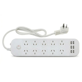 White power strip with multiple outlets and USB ports on a white background