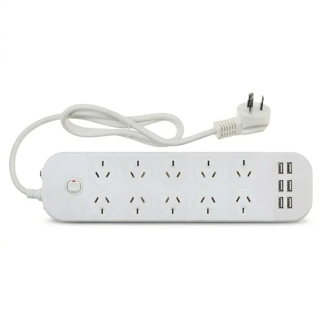 White power strip with multiple outlets and USB ports on a white background