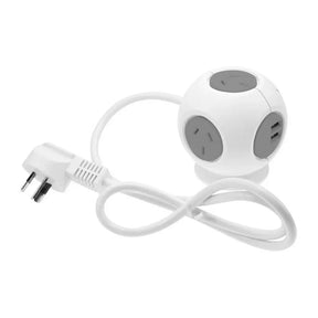 White power strip with multiple outlets and USB ports on a white background