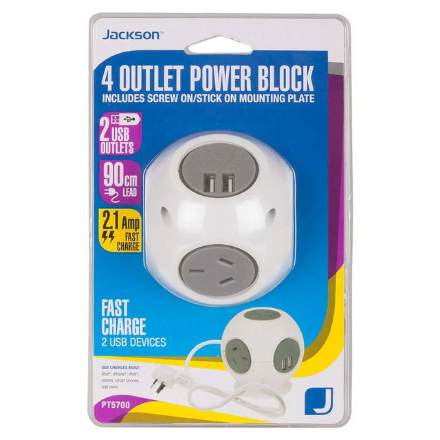 Jackson 4 outlet power block with USB ports packaging on a white background