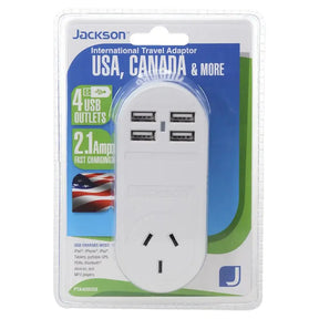 Jackson travel adapter with multiple USB outlets and power sockets on a white background