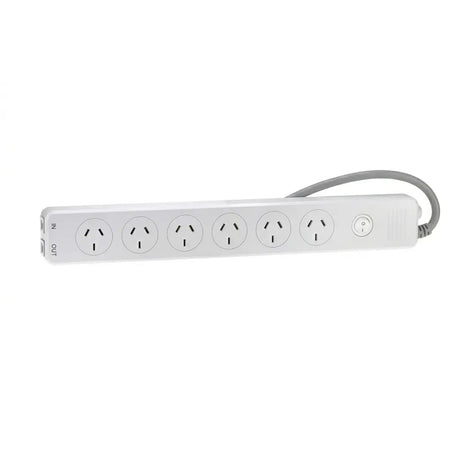 White power strip with multiple sockets on a white background