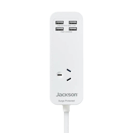 White power strip with multiple outlets and USB ports on a white background, featuring the brand 'Jackson'.