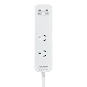 White power strip with multiple outlets and USB ports on a white background, featuring the brand 'Jackson'.