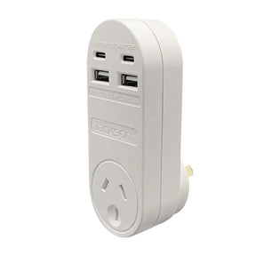 White power adapter with multiple USB ports on a white background