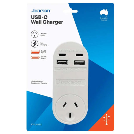 Jackson USB-C wall charger packaging with blue and orange accents