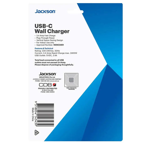 Jackson USB-C wall charger packaging with blue and white design