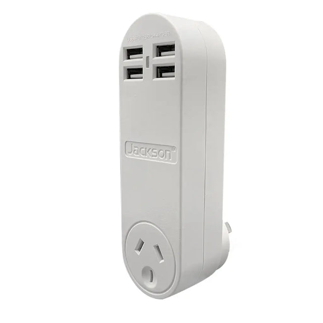 White power adapter with multiple ports on a white background