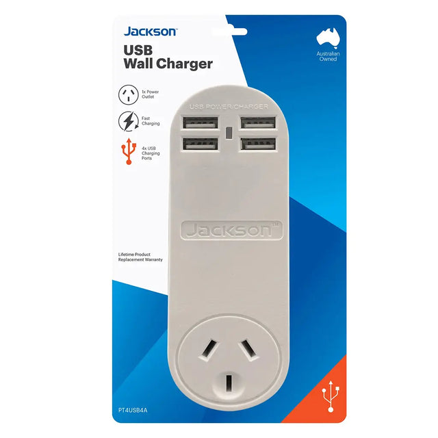 Jackson USB wall charger packaging with blue and orange accents on a white background