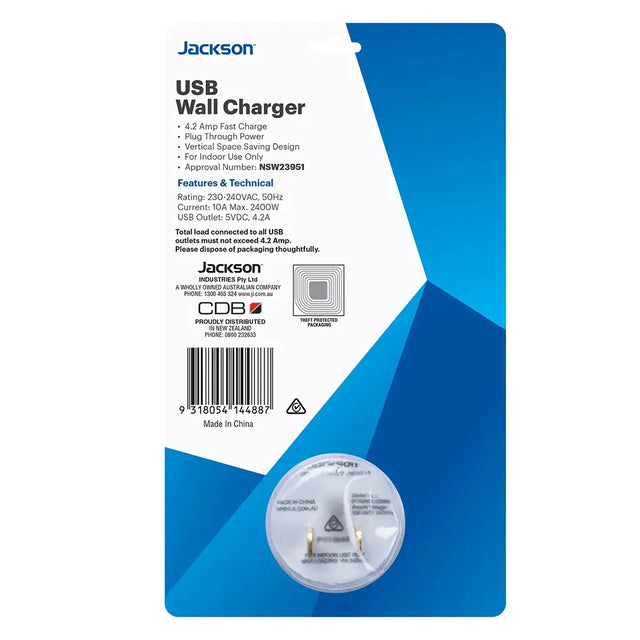Jackson USB wall charger packaging with blue and white design