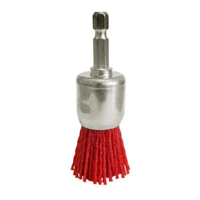 A metal rotary wire brush attachment with a silver hex shank and red bristles, isolated on a white background.