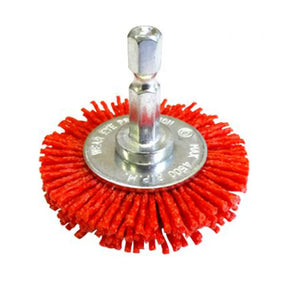A red wire wheel brush attachment with a silver metal shaft and mounting flange, shown on a plain white background.