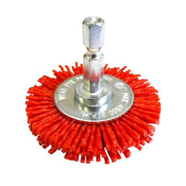 A red wire wheel brush attachment with a silver metal shaft and mounting flange, shown on a plain white background.