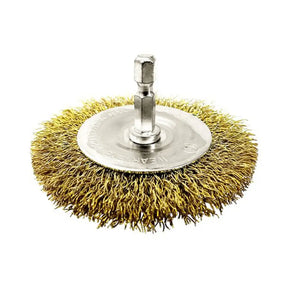 A circular brass wire brush wheel attachment with a silver metal mounting shaft and plate, shown on a plain white background.