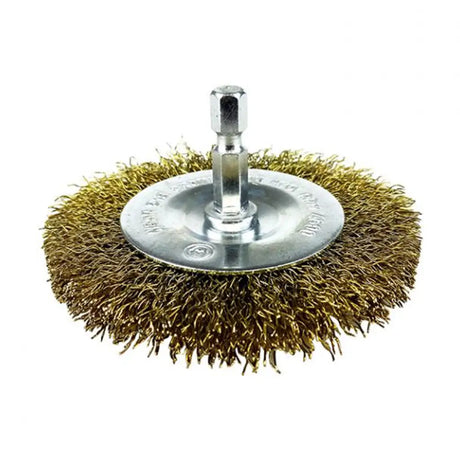 A circular steel wire brush wheel attachment with a central metal mounting shaft, shown on a plain white background.