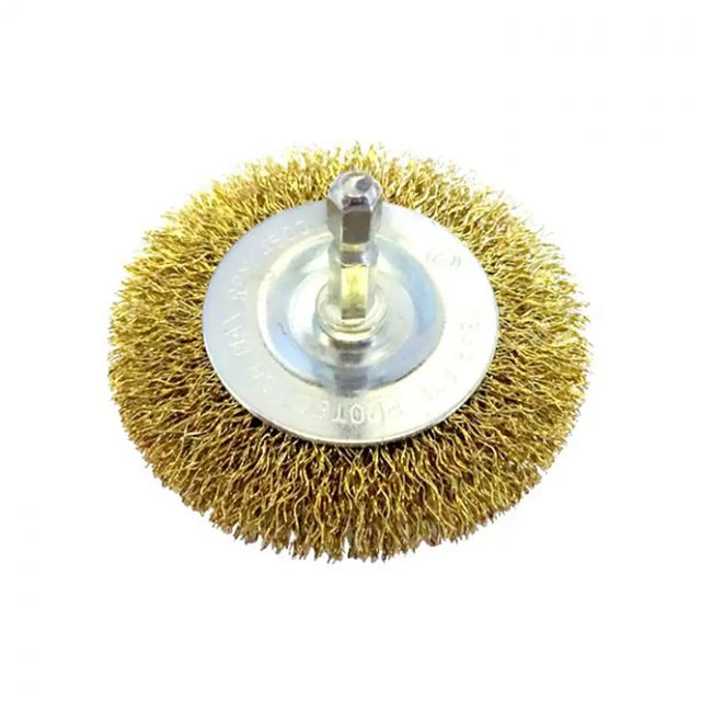 A circular brass wire brush attachment with a silver metal mounting hub and hex shank, shown on a plain white background.