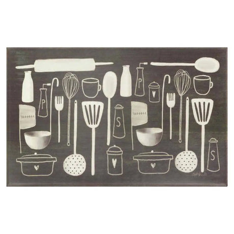 Decorative kitchen mat with white utensil illustrations on a dark background