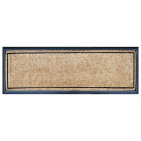 Rectangular doormat with a beige center and navy border on a white background