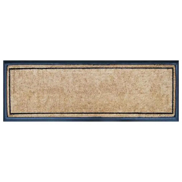Rectangular doormat with a beige center and navy border on a white background