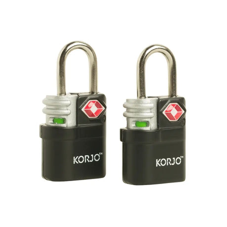 Two black KORJO locks with green indicator lights on a white background