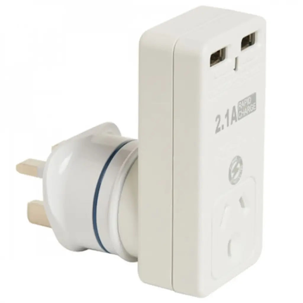 White power adapter with USB port on a white background