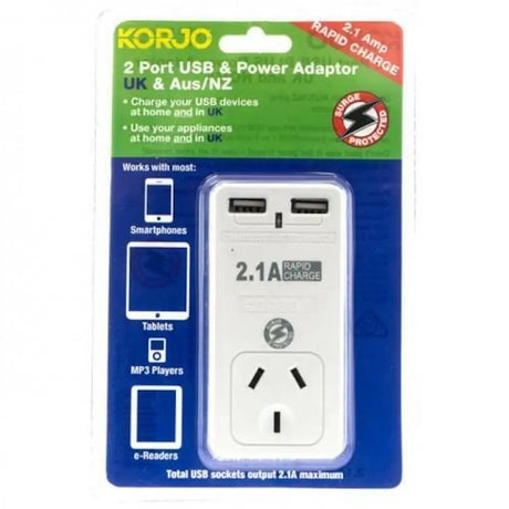 Korjo 2-port USB and power adapter packaging with UK and Aus/NZ compatibility on a white background.