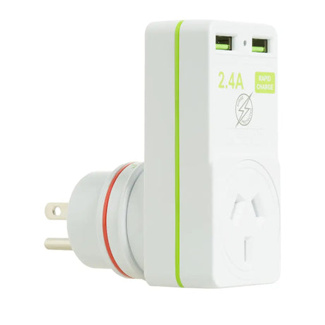 White power adapter with USB ports on a white background