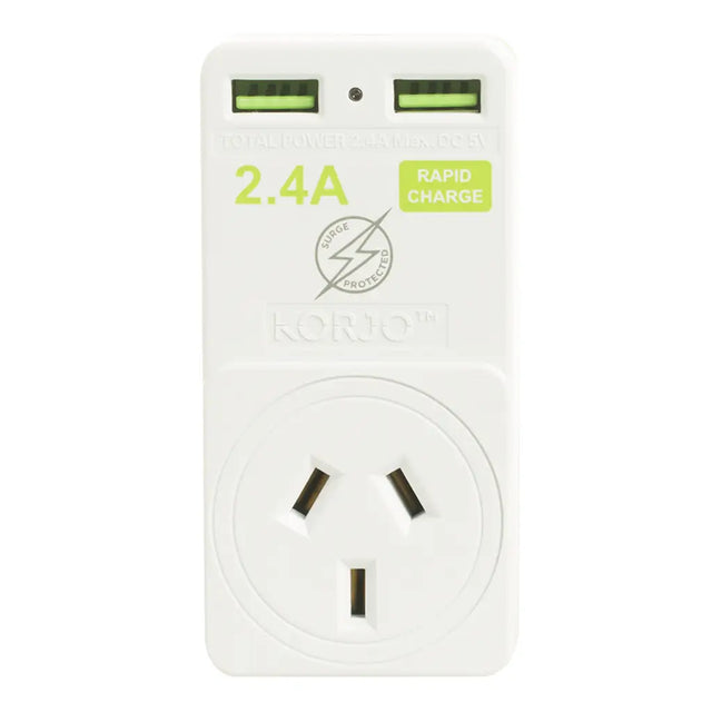 White charging adapter with two USB ports and a socket on a white background