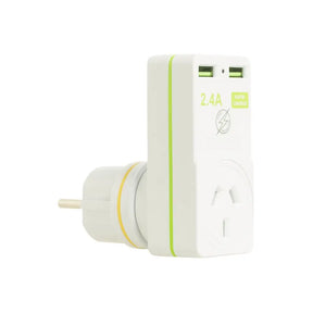 White power adapter with green accents on a white background