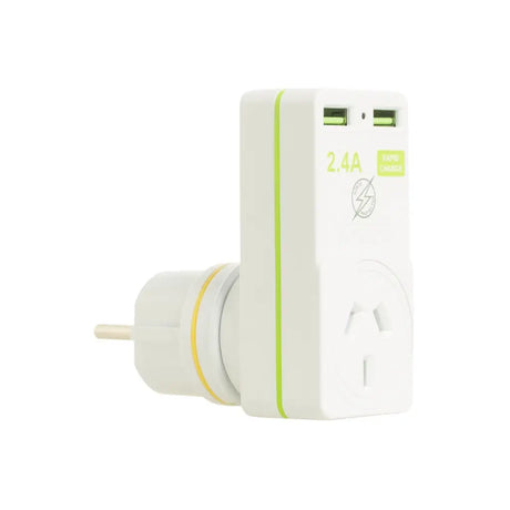 White power adapter with green accents on a white background