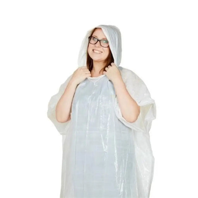 Person wearing a clear plastic rain poncho on a white background