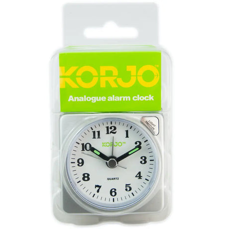 Korjo analogue alarm clock in packaging on a white background