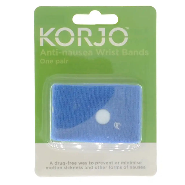 Korjo anti-nausea wrist bands packaging with green background