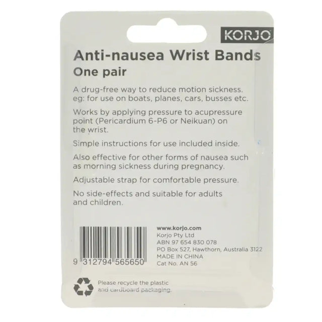 Korjo anti-nausea wrist bands packaging with product details on a white background