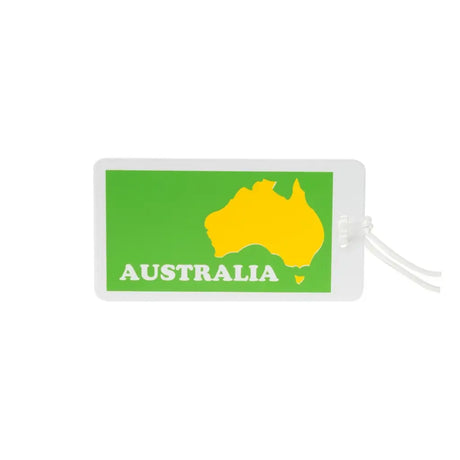 Rectangular green tag with yellow map of Australia and 'AUSTRALIA' text on a white background