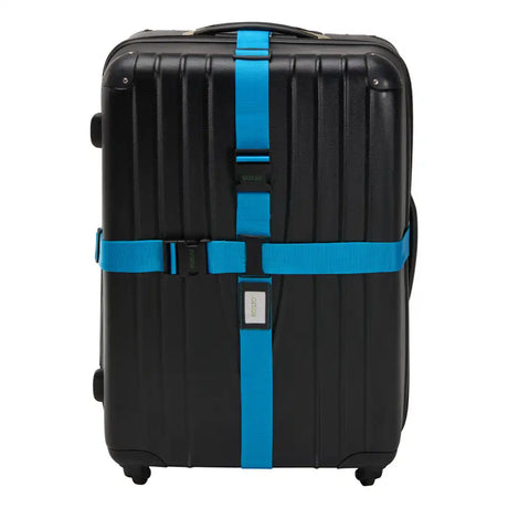 Black suitcase with blue straps on a white background