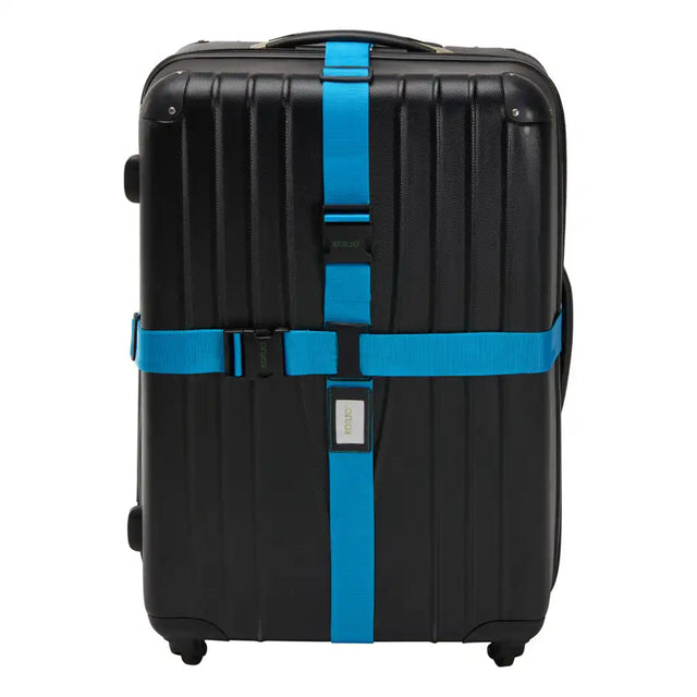 Black suitcase with blue straps on a white background