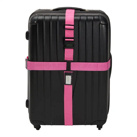 Black suitcase with pink straps on a white background