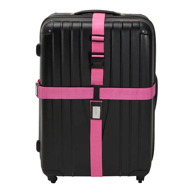 Black suitcase with pink straps on a white background