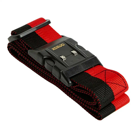 Red and black strap with a black buckle on a white background